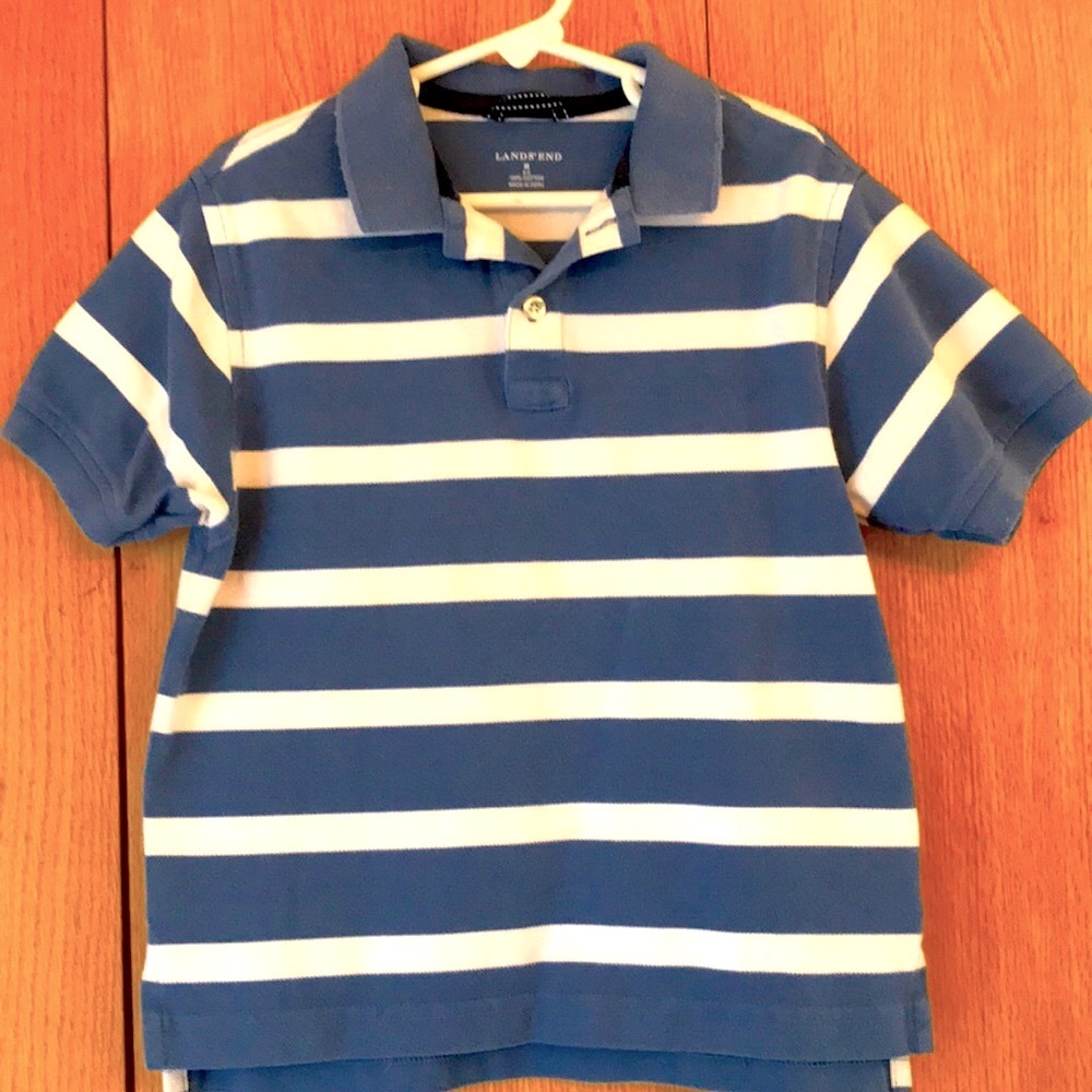 Lands’ End M 5 - 6 boy’s striped blue white woven pique 2 button polo shirt